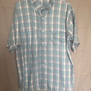 Huk Men’s Aqua and White Plaid Short Sleeve Button-Down Shirt
